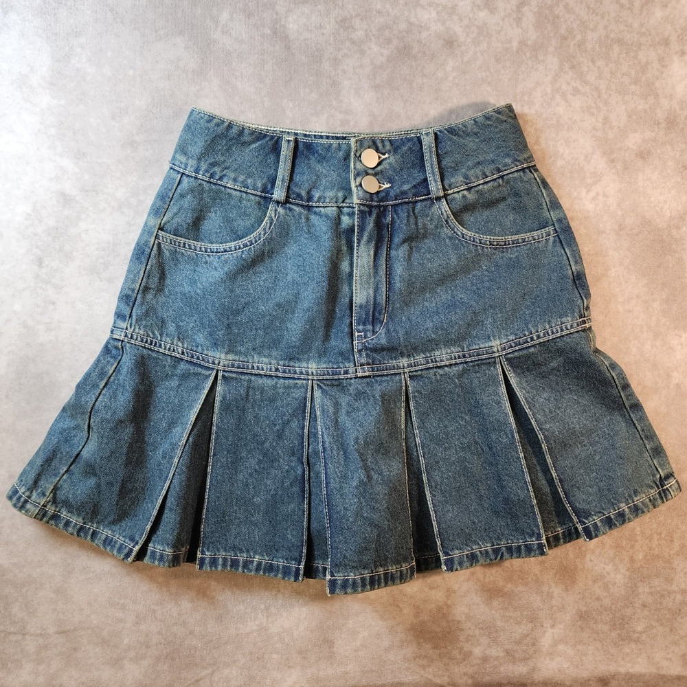 LEDIN Denim Pleated Mini Skirt Size 5 Y2K Drop Waist Double Button